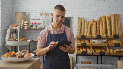 Young man in an apron using a tablet in a bakery with loaves of bread on shelves and pastries on a display stand
