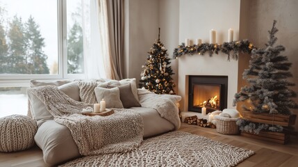 Fototapeta premium cozy living room with sofa and outdoor winter forest nature landscape, modern minimalist design with fireplace