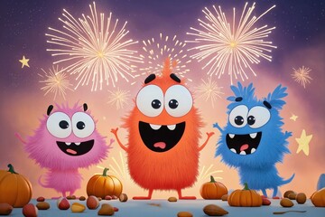 Obraz premium Three whimsical cartoon creatures celebrate with fireworks. Playful, joyful. Pumpkins, nuts scattered around. Festive, vibrant scene. Creatures expressive, colorful. Animated illustration perfect for