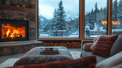 cozy living room with sofa and outdoor winter forest nature landscape, nostalgia wood cabin with fireplace 