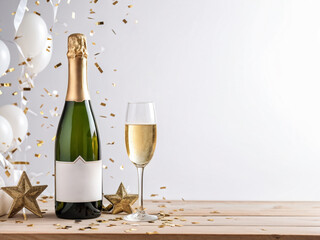 Empty of New year with Champagne on wooden table background. Blank Happy New Year. Mockup for Product.