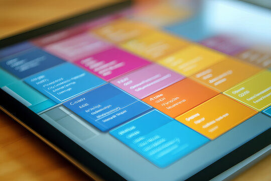 Close-up of a digital calendar app on a tablet, with colorful event reminders and notifications.