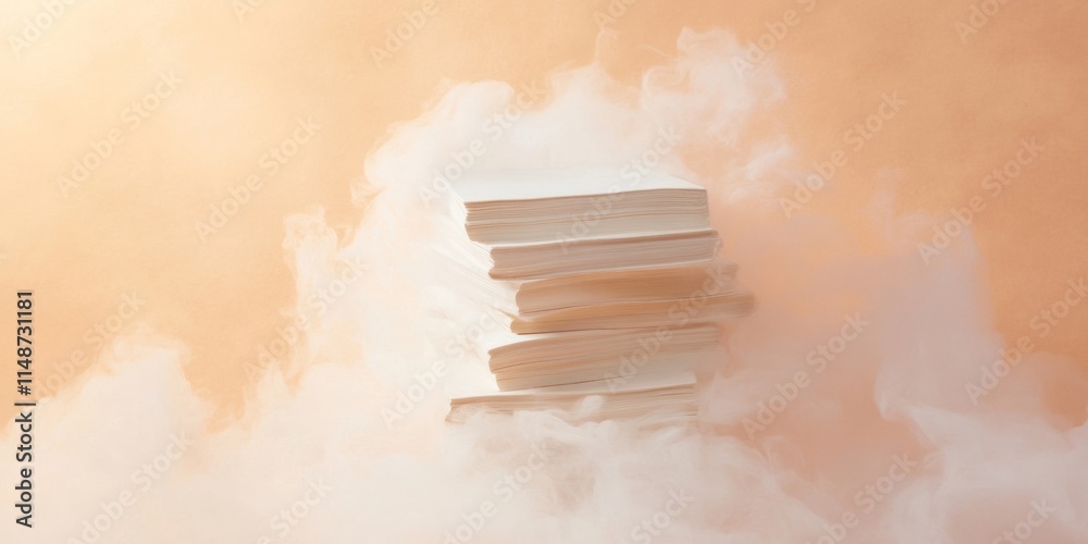 Poster surreal glow of stacked papers in pastel mist – timeless concept of knowledge revival