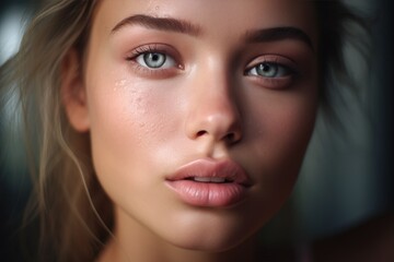 Fototapeta premium Young model's face in daylight. Natural makeup effect of wet skin.