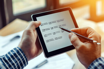 Over-the-shoulder view of a person updating a digital to-do list on a tablet, symbolizing modern productivity tools.