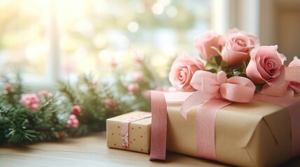 Gifts and roses by window.