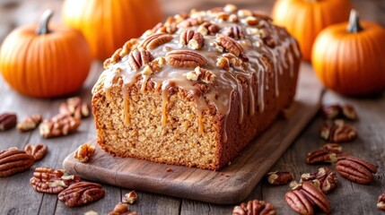 Glazed pumpkin bread with pecans on wooden board.