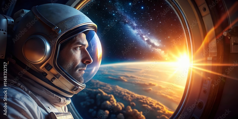 Wall mural astronaut gazing at earth from space station window - stunning bokeh effect