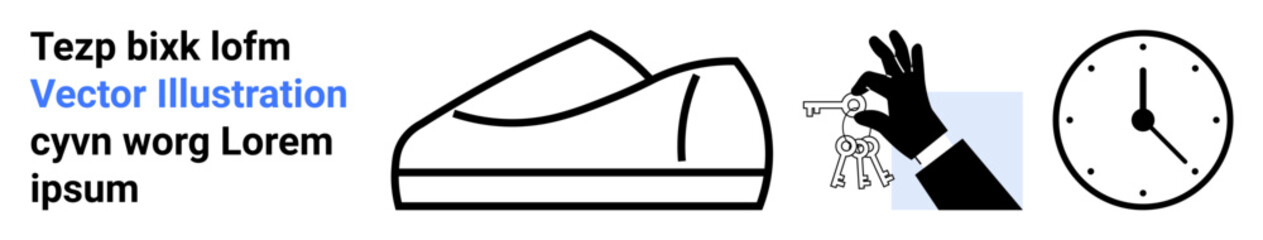 Shoe silhouette, hand holding keys, and analog clock. Ideal for footwear, key security, punctuality, minimalism, daily routine, time management, and modern lifestyle concepts. Landing page
