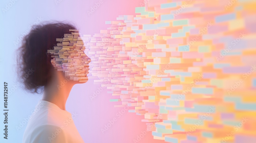 Poster surreal profile with pastel reflections and fragmented typography on glass surface