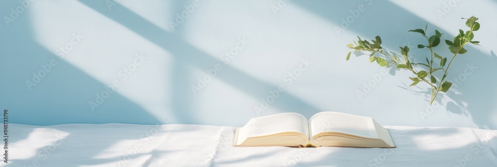 Poster minimalist open book with leaf shadows on soft cloth