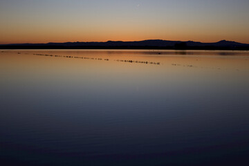 night falling in the still waters in Albufera lake in Valencia, Spain