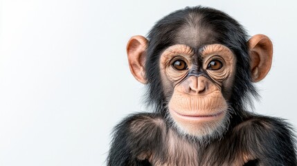 Naklejka premium Close-up portrait of a young chimpanzee with an expressive face looking forward against a clean white background.