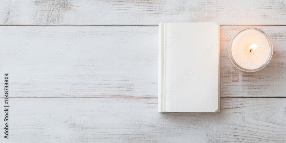 Poster minimalist reading setting with candlelight on wooden surface