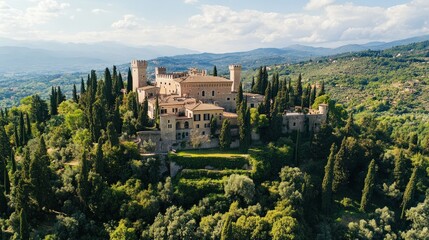 Hilltop castle, aerial view, surrounded by lush greenery and mountains.