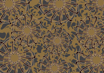 Golden floral motifs for textiles or prints on T-shirts. Dark textured tropical background for fashion, business concepts, covers, invitation cards, interiors, tiles, dynamic posters, etc. Vector