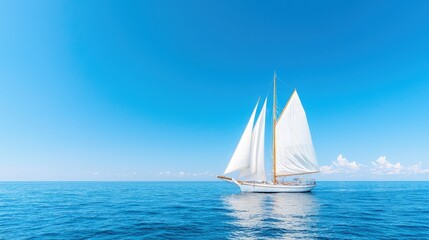 Naklejka premium Classic white sailing yacht with full sails gliding across the calm blue ocean under a clear sunny sky.