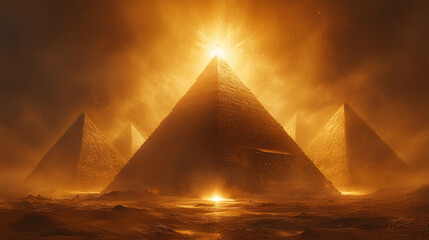 UFO hovers above ancient pyramids in a vast desert landscape glowing with otherworldly magic light evoking themes of mystery wonder and the interplay between ancient civilizations and extraterrestrial