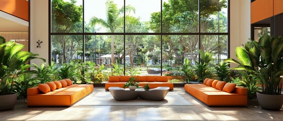 This spacious living room features vibrant orange sofas for relaxation, lush green plants for decor, and large glass windows offering a serene garden view, creating a bright atmosphere for gatherings