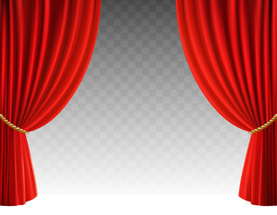 3d realistic vector icon illustration. Movie cinema or opera hall. Red velvet curtain prapery. with golden elements and tessels. Isolated.