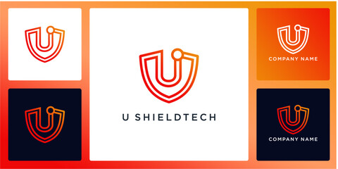 Shield technology with letters U logo design and icon
