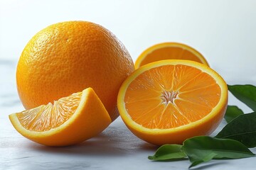 Fototapeta premium Fresh orange fruit with slices, leaves on white background. Juicy, ripe citrus fruit. Healthy food. Natural colors orange yellow, green. Isolated fruit, vegetables. Perfect for healthy diet. Great