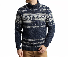Men's fair isle sweater with a patterned design on a white background.