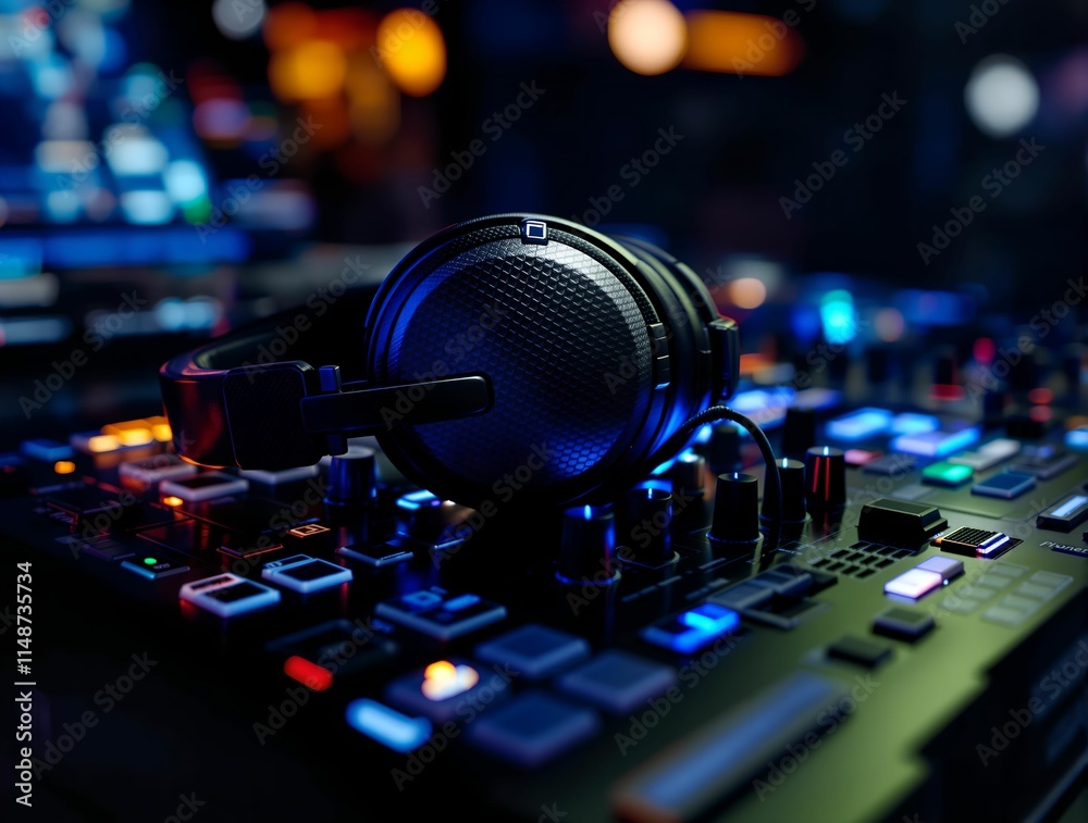 Poster close-up of a dj sound console with headphones, illuminated by colorful lights. the background is bl