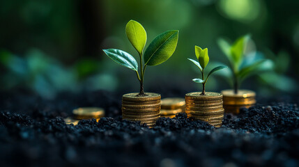 Small trees emerging from piles of gold coins set against a lush green background symbolizing financial growth investment wealth prosperity sustainability and money saving strategies

