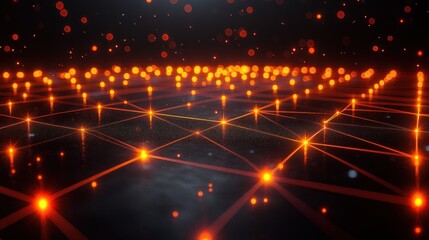 Fototapeta premium Glowing network grid with orange lights and bokeh.