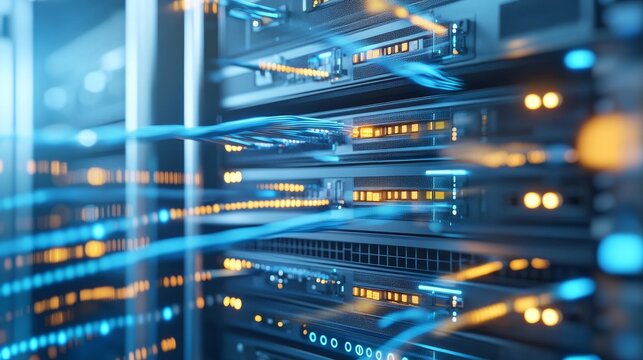 A close-up photo of a server rack with numerous blue and yellow cables neatly organized and secured using cable ties. The cables are connected to various ports on the server rack.