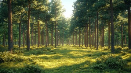 Obraz premium Sunlit path through a pine forest.