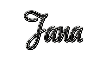 black metal 3d design of name Jana on white background.