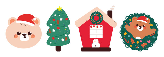 hand drawing cartoon christmas sticker set. cute christmas vibes sticker, doodle set