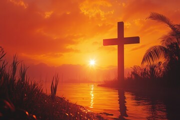 Christian symbols of faith and hope with a sunset backdrop