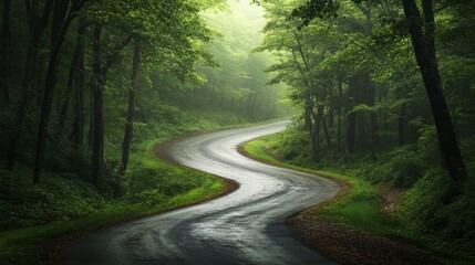 Naklejka premium Meandering road through a dense, enchanting forest in autumn with sunlight filtering through the trees