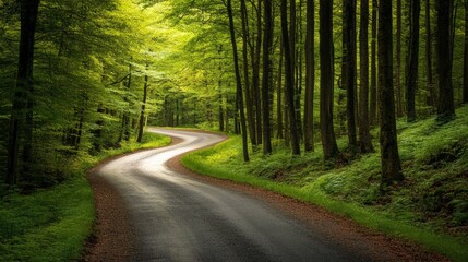 Naklejka premium Meandering road through a dense, enchanting forest in autumn with sunlight filtering through the trees