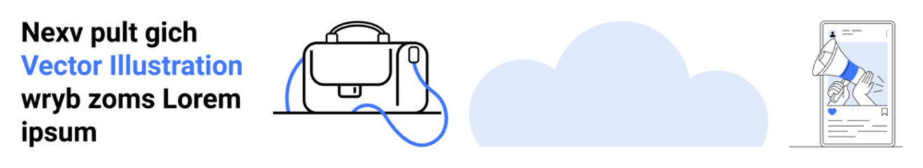 Stylish black backpack with blue connected cable, grey cloud, and mobile app outline. Ideal for tech, travel, cloud computing, apps, education, digital marketing, e-commerce. Landing page