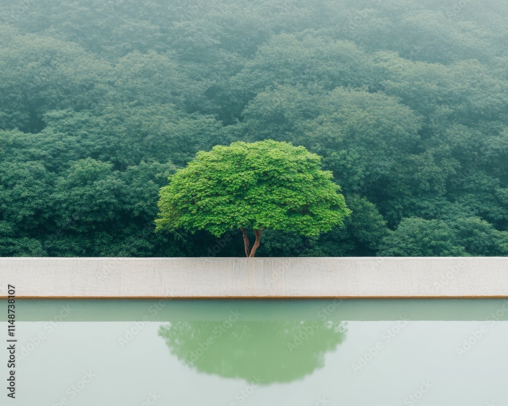 Poster serene reflection of solitary tree over misty reservoir embodying harmony in nature