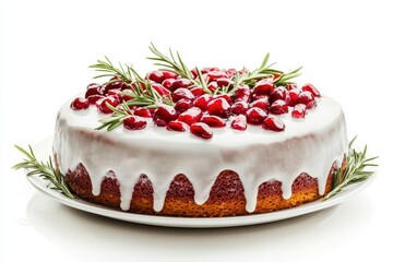 Classic Christmas cake topped with glaze pomegranate cranberries and rosemary on white background
