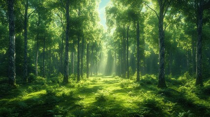 Fototapeta premium Sunlit path through lush green forest.