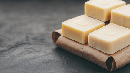 Shea butter creates natural soap. Natural handmade soap bars on a rustic surface.