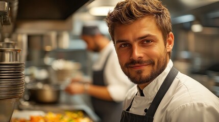 Fototapeta premium A chef smiles in a bustling kitchen, showcasing culinary creativity and teamwork.