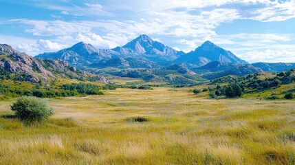 Fototapeta premium Majestic mountain range overlooking a vast, golden meadow under a bright blue sky with fluffy clouds.