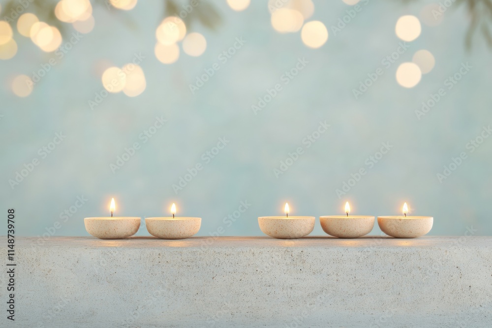 Poster minimalist candle arrangement on soft blue background with bokeh lights