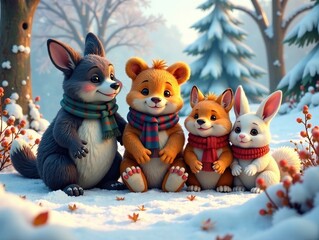Winter Fun Outdoors - Group of Creatures Enjoying Nature