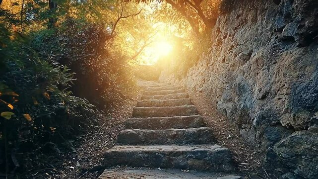 Sunlit outdoor stone stairs surrounded by lush green plants in a serene setting.