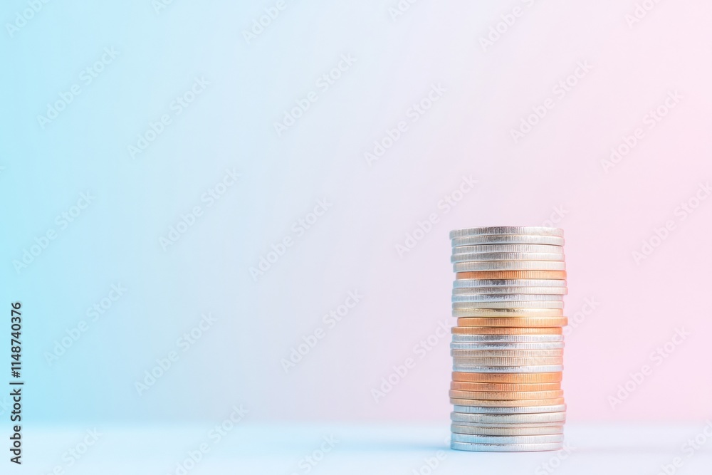 Poster Pastel-Hued Coin Stack with Abstract Financial Graphs in Soft Light – Micro Investment Concept