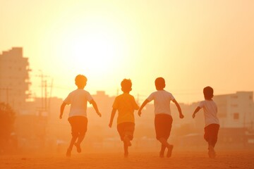 Fototapeta premium Indian Children Playing Kabaddi at Sunset on a Dusty Field – Vibrant Teamwork and Community Spirit