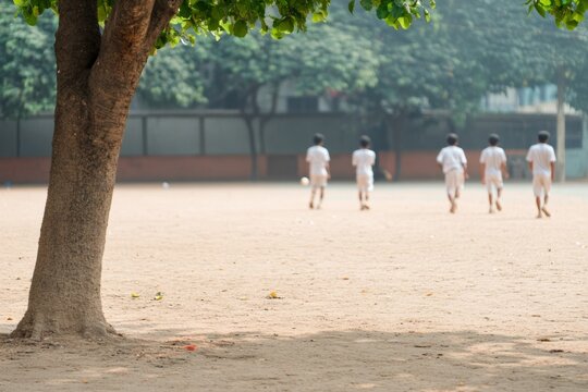 Indian Youths Playing Cricket on a Dusty Playground Amidst Lush Greenery
